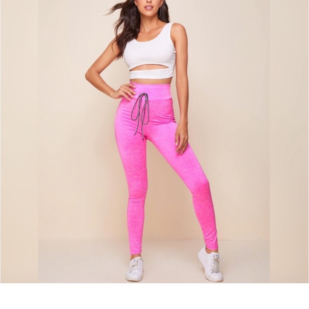 PINK HIGH WAISTED DRAWSTRING LEGGINGS - Picture 5 of 7